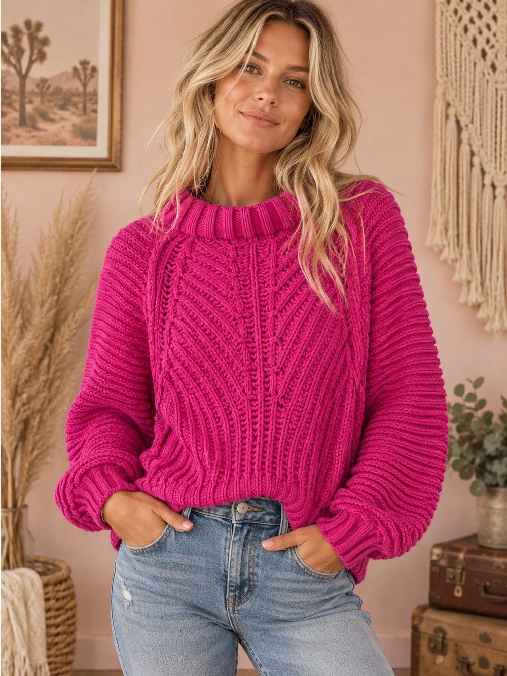 Free People Vibrant Pink Chinky Knit Sweater